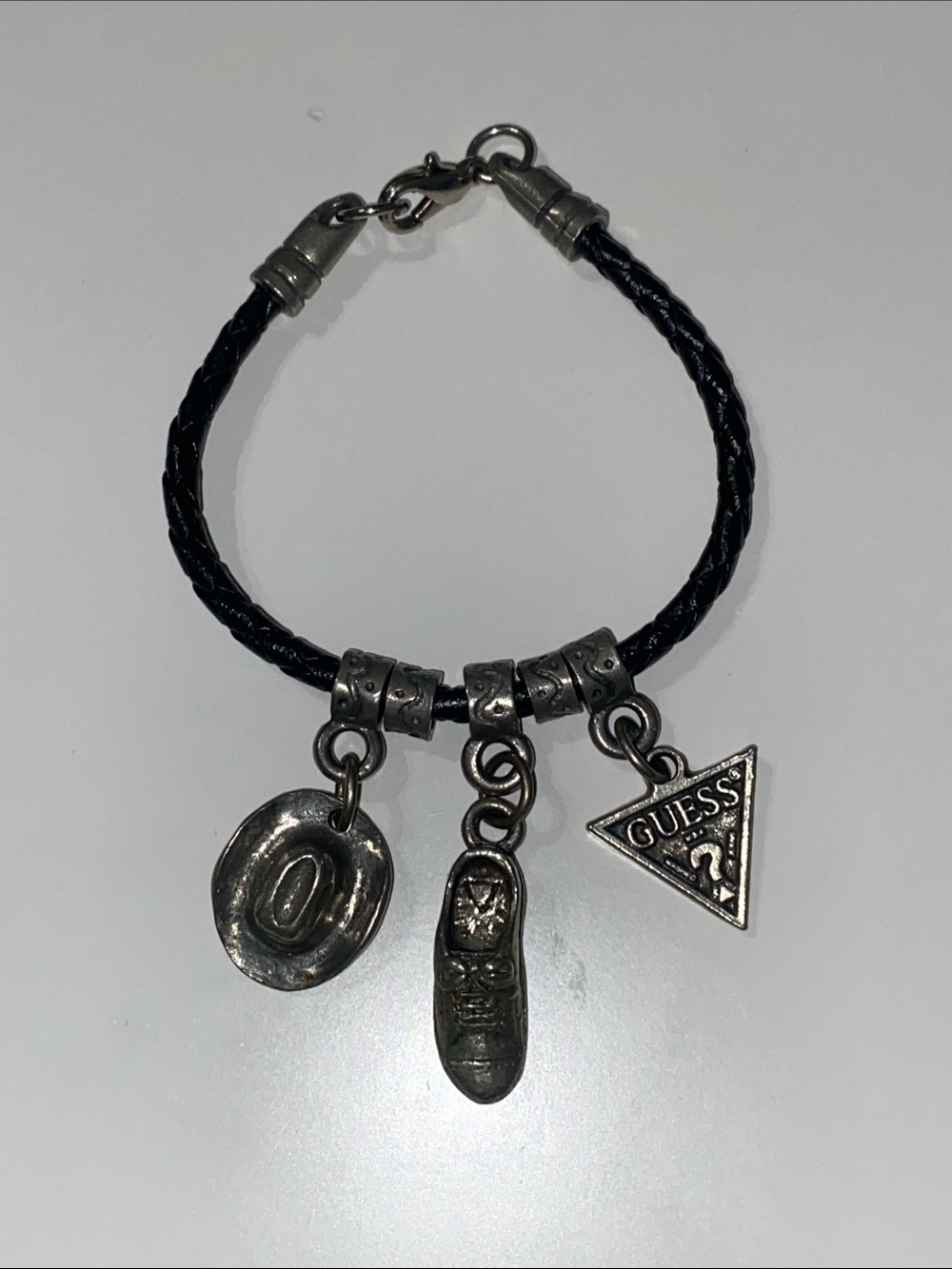 Vintage GUESS Black Braided Leather Charm Bracelet ~ Rare Deadstock